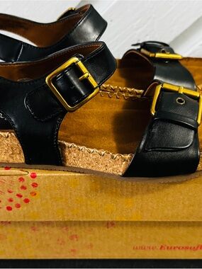 Euro Soft 39.5 8.5 Black Leather-like Cork comfort Sandals Gold Buckles Velcro